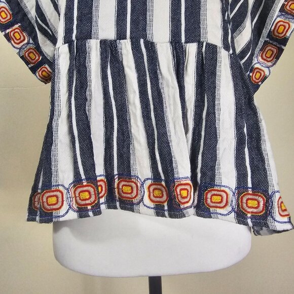 Anthropologie Maeve Embroidered Peplum Linen Top L Striped Open Back Festival - Picture 4 of 10